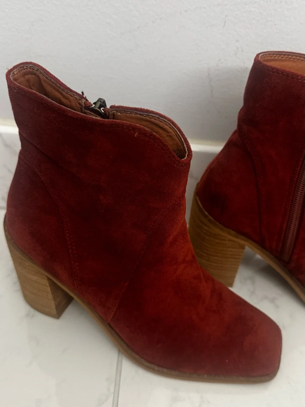 Sans Beast Burgundy Suede Ankle Booties with Stacked Heel